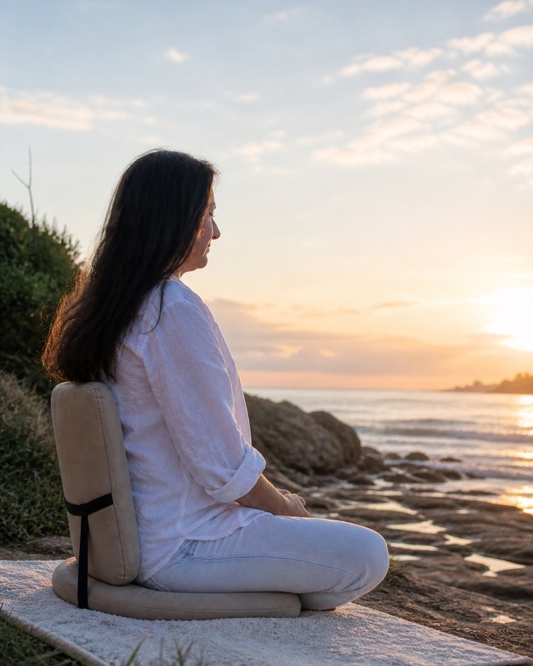 Nic Monteforte meditating at sunrise by the ocean